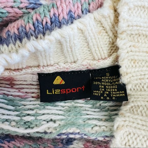 VTG Liz Sport Cream Pink & Light Green Chunky Button Up Cardigan Sweater - Picture 5 of 15